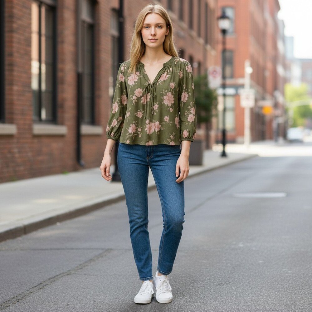 Lucky Brand Long Sleeve Green Floral Front Tie Boho Blouse Top XSmall NWT